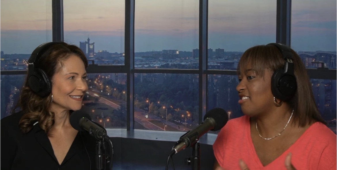 Marie Finch hosting Up and Comers of Hollywood and speaking with a guest